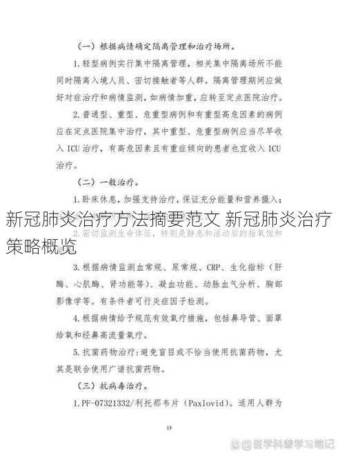 新冠肺炎治疗方法摘要范文 新冠肺炎治疗策略概览