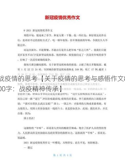 战疫情的思考【关于疫情的思考与感悟作文800字：战疫精神传承】