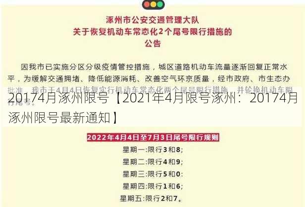 20174月涿州限号【2021年4月限号涿州：20174月涿州限号最新通知】