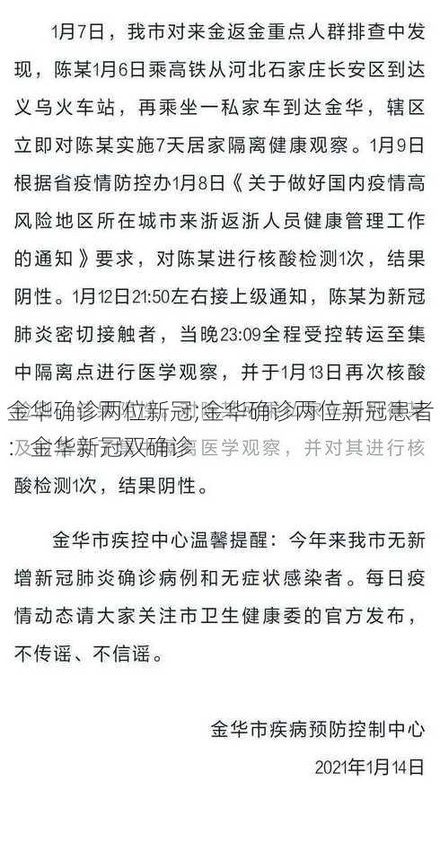 金华确诊两位新冠;金华确诊两位新冠患者：金华新冠双确诊