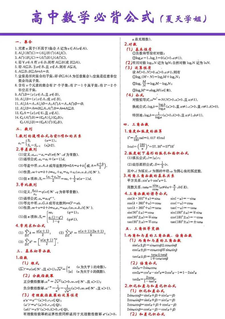 高中必修四数学公式